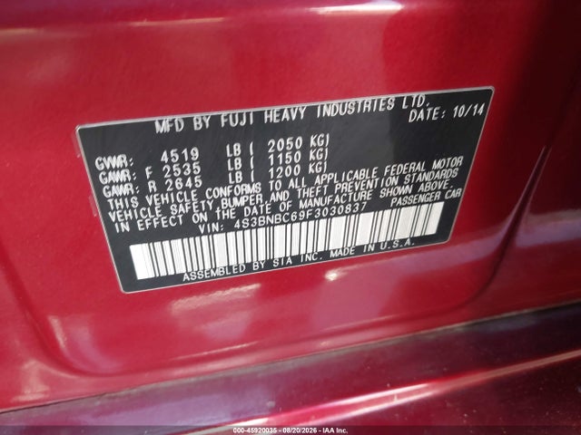 Aukcja sprzedaży 2015 Subaru Legacy 2.5i Premium, vin: 4S3BNBC69F3030837, numer aukcji: 45920035