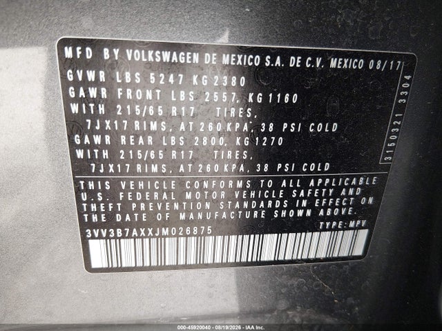 Продажа на аукционе авто 2018 Volkswagen Tiguan 2.0t Se/2.0t Sel, vin: 3VV3B7AXXJM026875, номер лота: 45920040