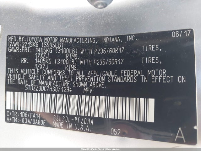 Продажа на аукционе авто 2017 Toyota Sienna L 7 Passenger, vin: 5TDZZ3DC7HS871294, номер лота: 45920049