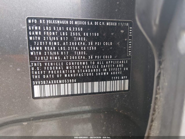 45920051 :رقم المزاد ، 3VV3B7AX8KM053994 vin ، 2019 Volkswagen Tiguan 2.0t Se/2.0t Sel/2.0t Sel R-line/2.0t Sel R-line Black مزاد بيع