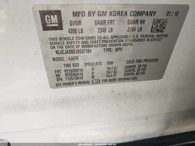 Aukcja sprzedaży 2018 Buick Encore Preferred, vin: KL4CJASBXJB637184, numer aukcji: 45920067