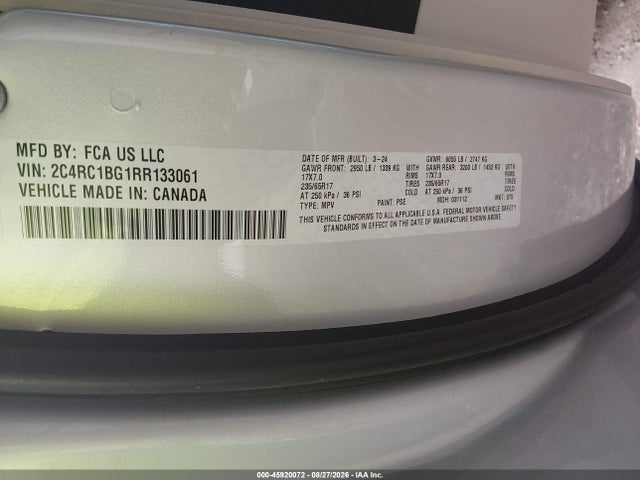 Продаж на аукціоні авто 2024 Chrysler Pacifica Touring L, vin: 2C4RC1BG1RR133061, номер лоту: 45920072