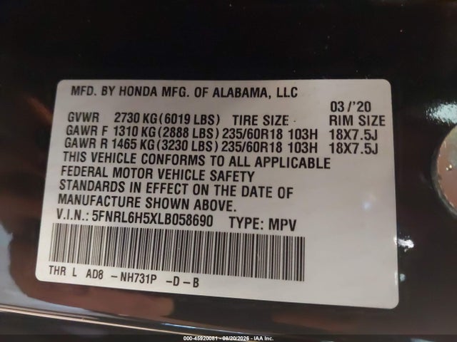 Продаж на аукціоні авто 2020 Honda Odyssey Ex, vin: 5FNRL6H5XLB058690, номер лоту: 45920081