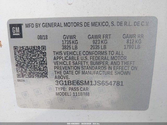 45920083 :رقم المزاد ، 3G1BE6SM1JS654781 vin ، 2018 Chevrolet Cruze Lt Auto مزاد بيع
