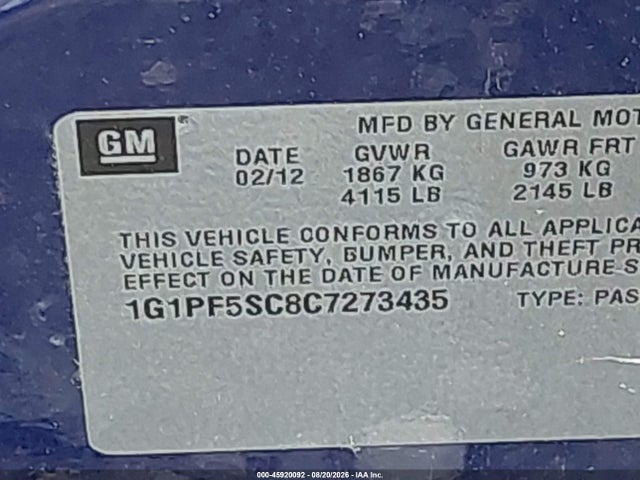 Продаж на аукціоні авто 2012 Chevrolet Cruze 1lt, vin: 1G1PF5SC8C7273435, номер лоту: 45920092