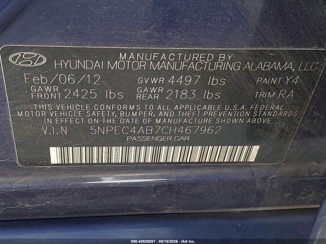 2012 Hyundai Sonata Se 2.0t მანქანა იყიდება აუქციონზე, vin: 5NPEC4AB7CH467962, აუქციონის ნომერი: 45920097