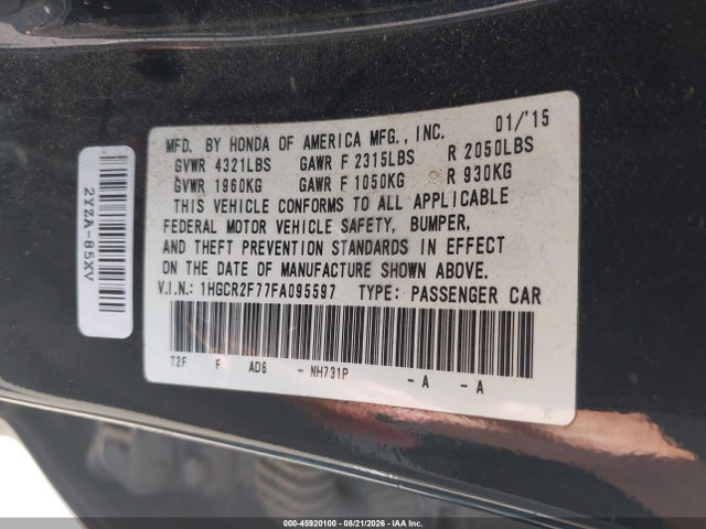 Aukcja sprzedaży 2015 Honda Accord Ex, vin: 1HGCR2F77FA095597, numer aukcji: 45920100
