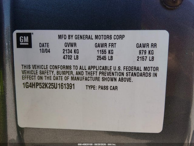 45920109 :رقم المزاد ، 1G4HP52K25U161391 vin ، 2005 Buick Lesabre Custom مزاد بيع