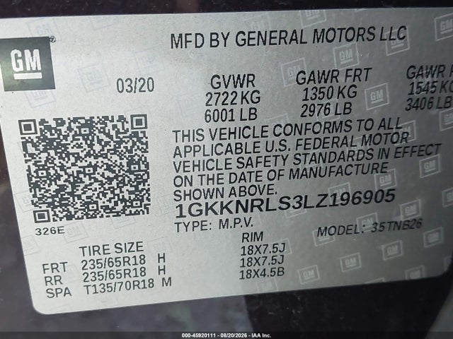 45920111 :رقم المزاد ، 1GKKNRLS3LZ196905 vin ، 2020 Gmc Acadia Fwd Sle مزاد بيع