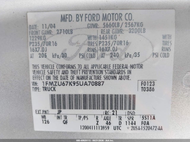 Aukcja sprzedaży 2005 Ford Explorer Sport Trac Adrenalin/xls/xlt, vin: 1FMZU67K95UA70887, numer aukcji: 45920113