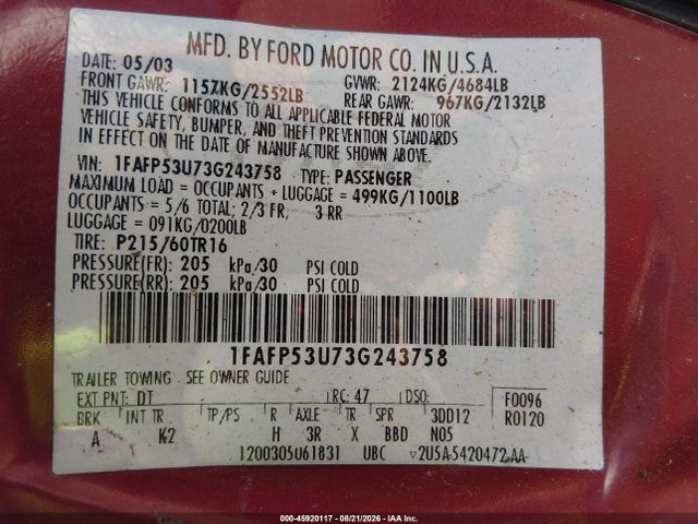 2003 Ford Taurus Se მანქანა იყიდება აუქციონზე, vin: 1FAFP53U73G243758, აუქციონის ნომერი: 45920117