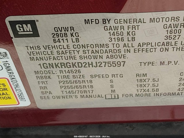 Chevrolet Traverse Lt 2017 1GNKRGKD2HJ275597 Image 9