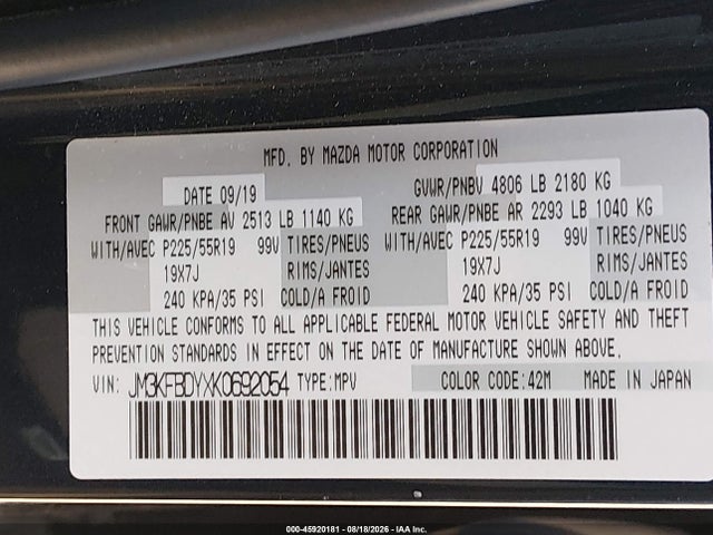 45920181 :رقم المزاد ، JM3KFBDYXK0692054 vin ، 2019 Mazda Cx-5 Grand Touring Reserve مزاد بيع