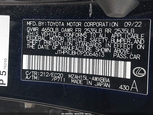 45920183 :رقم المزاد ، JTHP9JBH7P2064613 vin ، 2023 Lexus Ux 250h Premium مزاد بيع