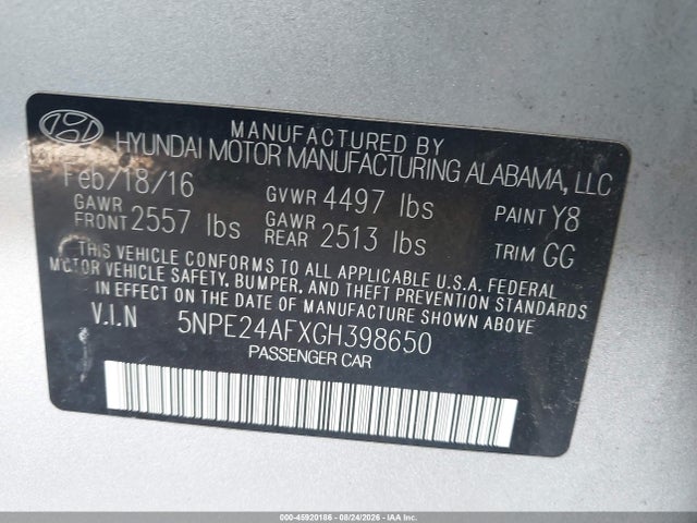 Продажа на аукционе авто 2016 Hyundai Sonata, vin: 5NPE24AFXGH398650, номер лота: 45920186