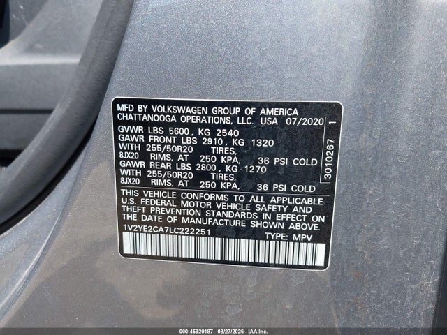2020 Volkswagen Atlas Cross Sport 3.6l V6 Se W/technology/3.6l V6 Se W/technology R-line მანქანა იყიდება აუქციონზე, vin: 1V2YE2CA7LC222251, აუქციონის ნომერი: 45920187