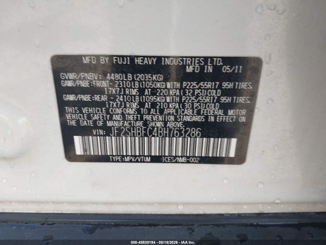 2011 Subaru Forester 2.5x Limited მანქანა იყიდება აუქციონზე, vin: JF2SHBFC4BH763286, აუქციონის ნომერი: 45920194
