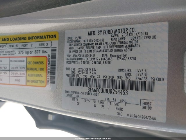 Ford Fusion S Hybrid 2018 3FA6P0UU8JR254453 Image 9