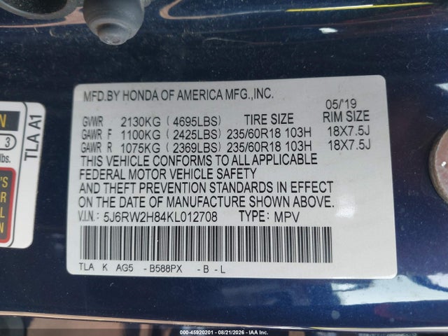 Продаж на аукціоні авто 2019 Honda Cr-v Ex-l, vin: 5J6RW2H84KL012708, номер лоту: 45920201
