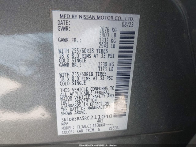 Aukcja sprzedaży 2024 Nissan Pathfinder Sv Fwd, vin: 5N1DR3BA5RC211040, numer aukcji: 45920206