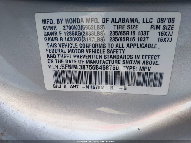 Aukcja sprzedaży 2006 Honda Odyssey Ex-l, vin: 5FNRL38756B458760, numer aukcji: 45920212