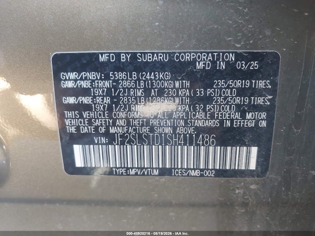2025 Subaru Forester Touring Hybrid მანქანა იყიდება აუქციონზე, vin: JF2SLSTD1SH411486, აუქციონის ნომერი: 45920216
