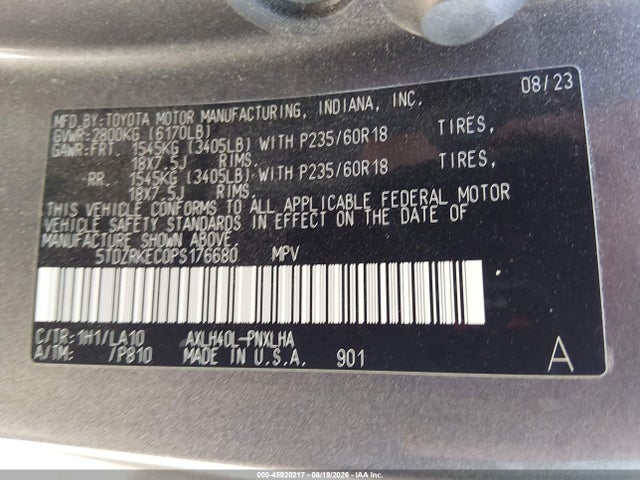 45920217 :رقم المزاد ، 5TDZRKEC0PS176680 vin ، 2023 Toyota Sienna Limited مزاد بيع