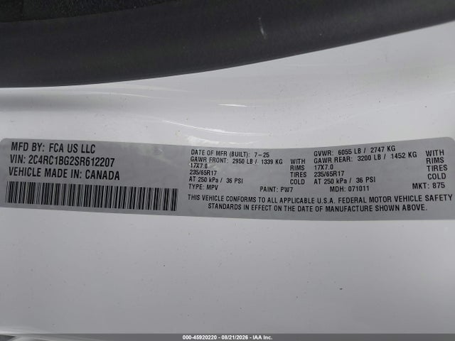 Продажа на аукционе авто 2025 Chrysler Pacifica Select, vin: 2C4RC1BG2SR612207, номер лота: 45920220