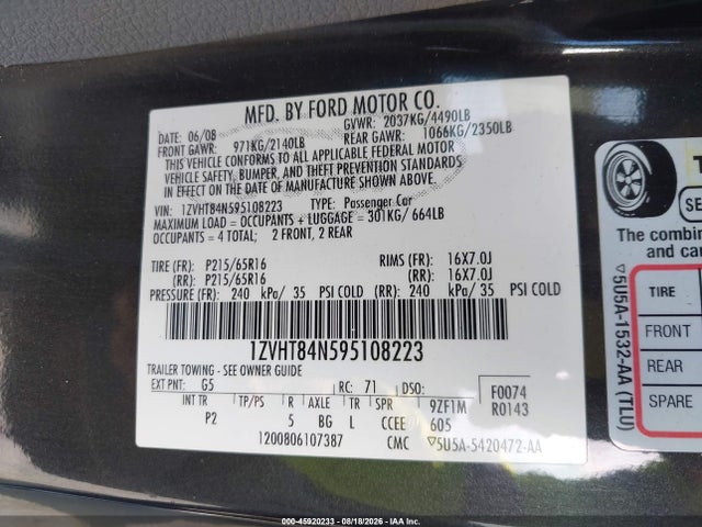 45920233 :رقم المزاد ، 1ZVHT84N595108223 vin ، 2009 Ford Mustang V6/v6 Premium مزاد بيع