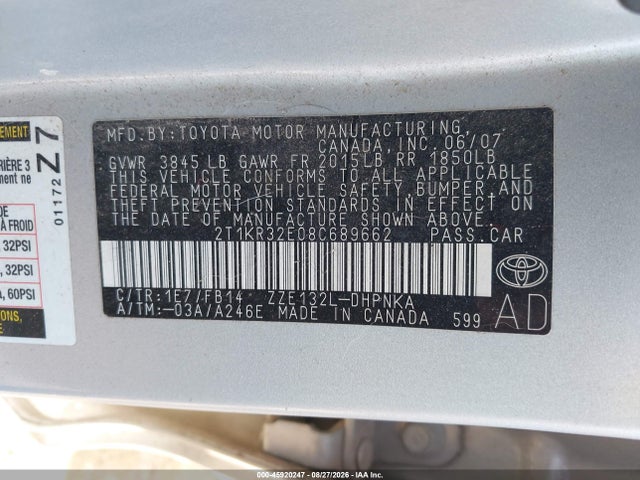 Aukcja sprzedaży 2008 Toyota Matrix Xr, vin: 2T1KR32E08C689662, numer aukcji: 45920247