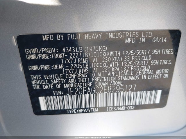 45920258 :رقم المزاد ، JF2GPAGC2E8295127 vin ، 2014 Subaru Xv Crosstrek 2.0i Limited مزاد بيع