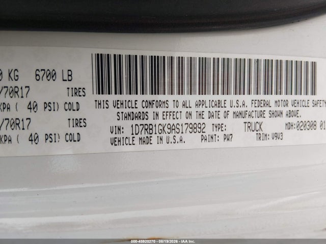 2010 Dodge Ram 1500 St მანქანა იყიდება აუქციონზე, vin: 1D7RB1GK9AS179892, აუქციონის ნომერი: 45920270