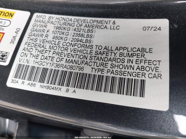 Продажа на аукционе авто 2024 Honda Accord Ex, vin: 1HGCY1F36RA080796, номер лота: 45920275