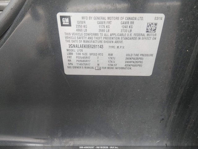 45920287 :رقم المزاد ، 2GNALAEK8E6281143 vin ، 2014 Chevrolet Equinox Ls مزاد بيع