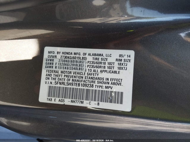 Auction sale of the 2014 Honda Odyssey Touring/touring Elite, vin: 5FNRL5H97EB109238, lot number: 45920301