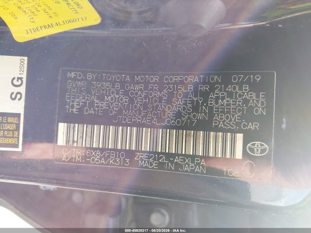 45920317 :رقم المزاد ، JTDEPRAE4LJ060717 vin ، 2020 Toyota Corolla Le مزاد بيع