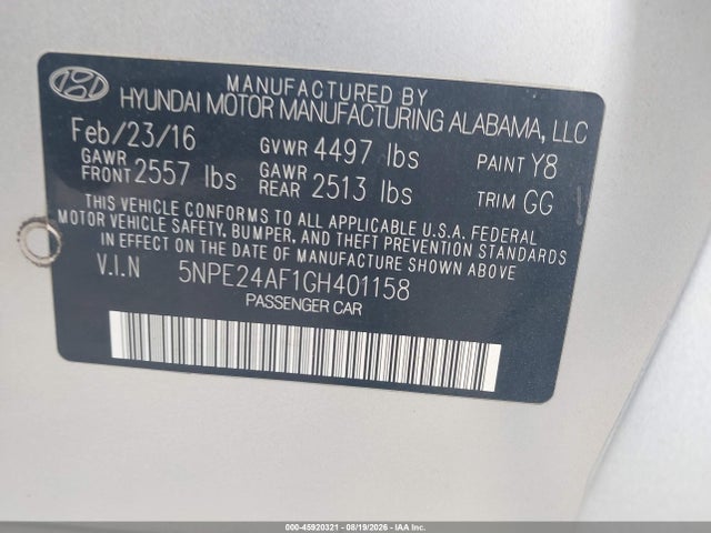 2016 Hyundai Sonata მანქანა იყიდება აუქციონზე, vin: 5NPE24AF1GH401158, აუქციონის ნომერი: 45920321