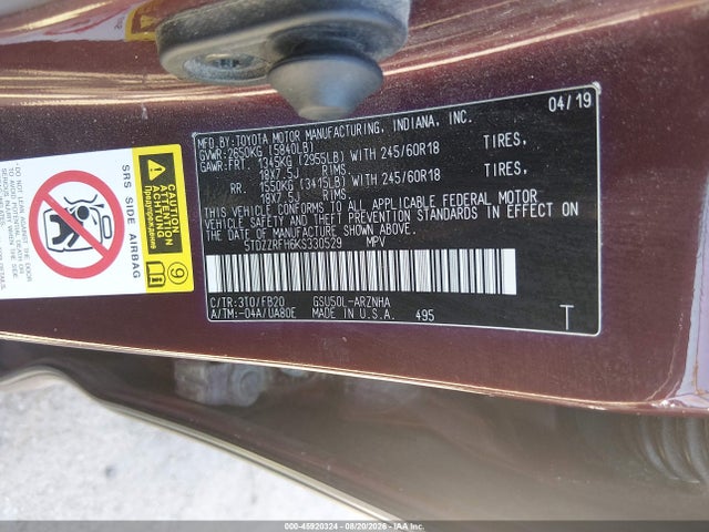 Toyota Highlander Le 2019 5TDZZRFH6KS330529 Image 9