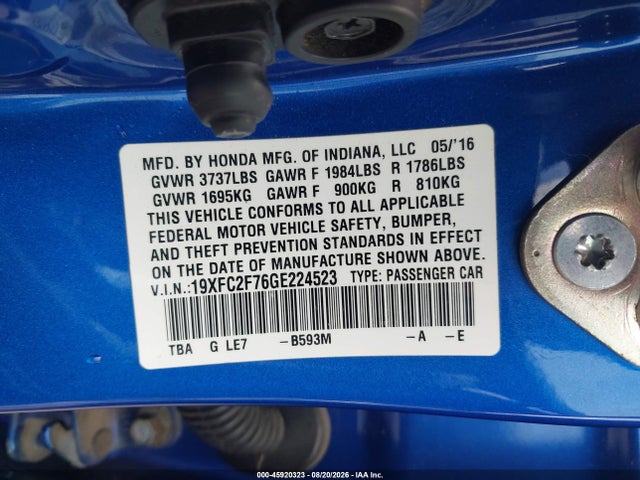 Aukcja sprzedaży 2016 Honda Civic Ex, vin: 19XFC2F76GE224523, numer aukcji: 45920323