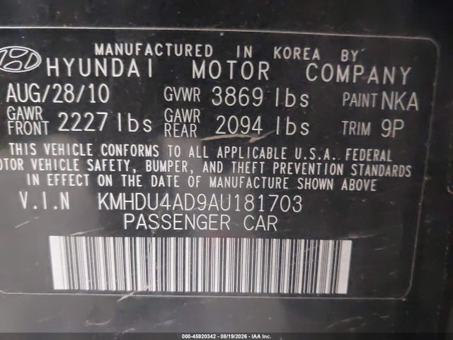 45920342 :رقم المزاد ، KMHDU4AD9AU181703 vin ، 2010 Hyundai Elantra Se مزاد بيع