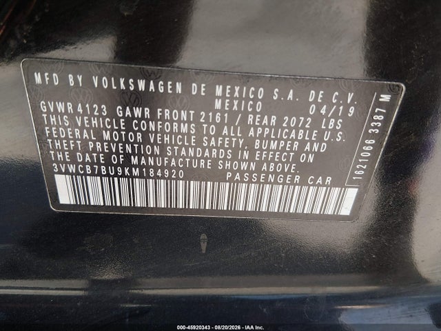 45920343 :رقم المزاد ، 3VWCB7BU9KM184920 vin ، 2019 Volkswagen Jetta 1.4t R-line/1.4t S/1.4t Se مزاد بيع