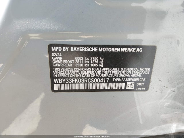 2024 Bmw I5 Edrive40 მანქანა იყიდება აუქციონზე, vin: WBY33FK03RCS00417, აუქციონის ნომერი: 45920345