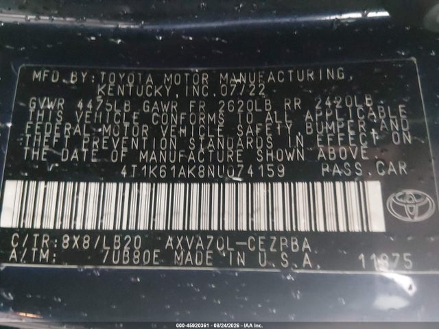 Продажа на аукционе авто 2022 Toyota Camry Xse, vin: 4T1K61AK8NU074159, номер лота: 45920361