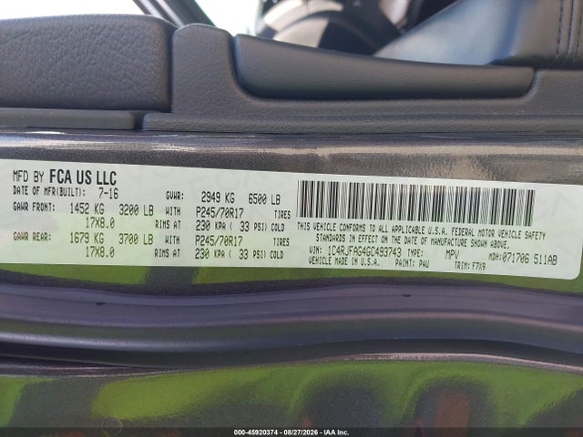 45920374 :رقم المزاد ، 1C4RJFAG4GC493743 vin ، 2016 Jeep Grand Cherokee Laredo مزاد بيع