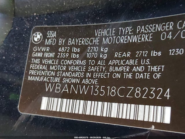 45920378 :رقم المزاد ، WBANW13518CZ82324 vin ، 2008 Bmw 535i مزاد بيع