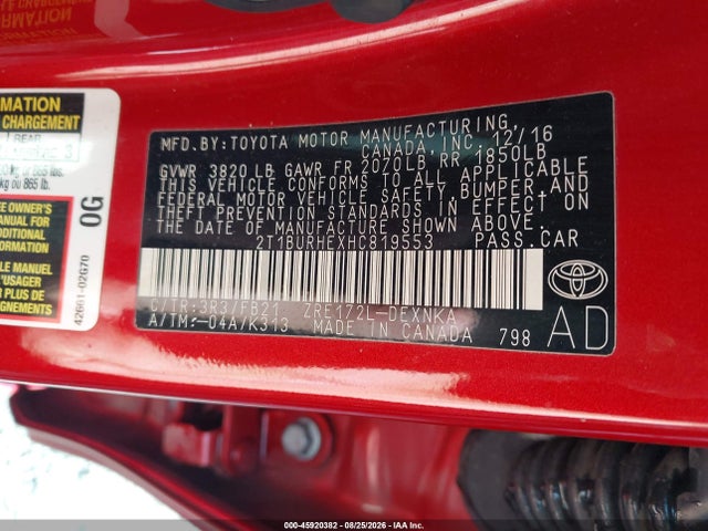 45920382 :رقم المزاد ، 2T1BURHEXHC819553 vin ، 2017 Toyota Corolla Le مزاد بيع