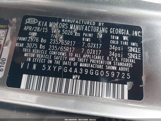 Продажа на аукционе авто 2016 Kia Sorento 2.4l Lx, vin: 5XYPG4A39GG059725, номер лота: 45920386