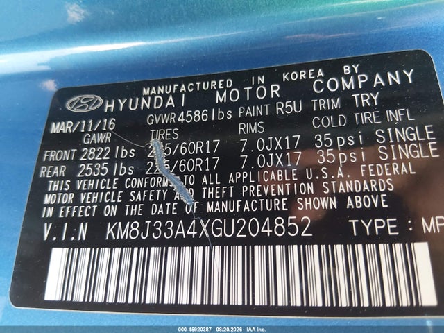 45920387 :رقم المزاد ، KM8J33A4XGU204852 vin ، 2016 Hyundai Tucson Se مزاد بيع