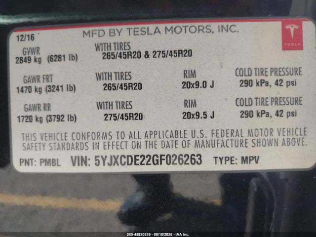 Tesla Model X 60d/70d/75d/90d 2016 5YJXCDE22GF026263 Image 9