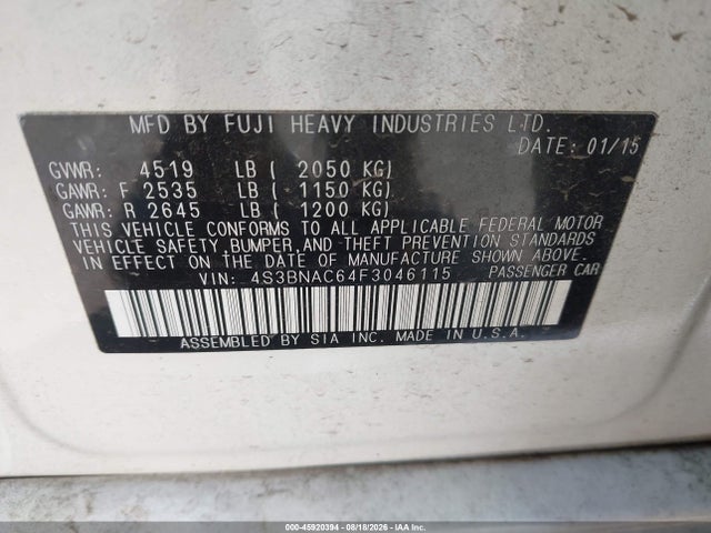 Продаж на аукціоні авто 2015 Subaru Legacy 2.5i Premium, vin: 4S3BNAC64F3046115, номер лоту: 45920394